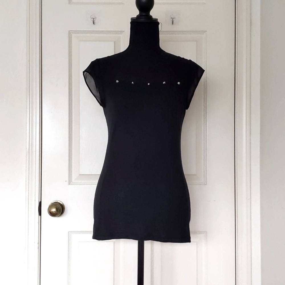The Limited Rayon Spandex Sleeveless Blouse w/sheer sleeve, front and gold decor